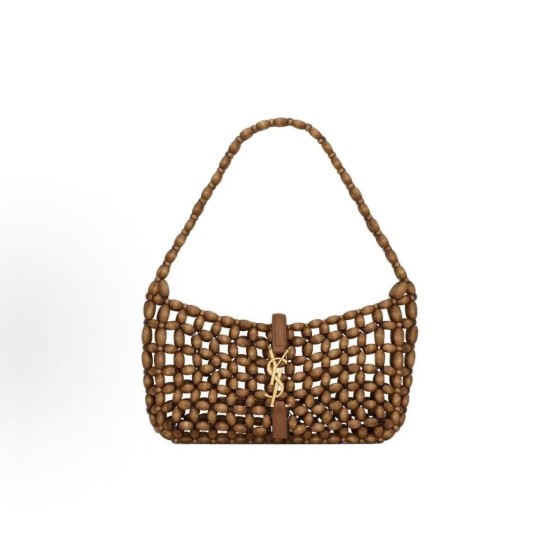 SAINT LAURENT YSL LE5A7 beaded handbag for women, light wood color with brick red